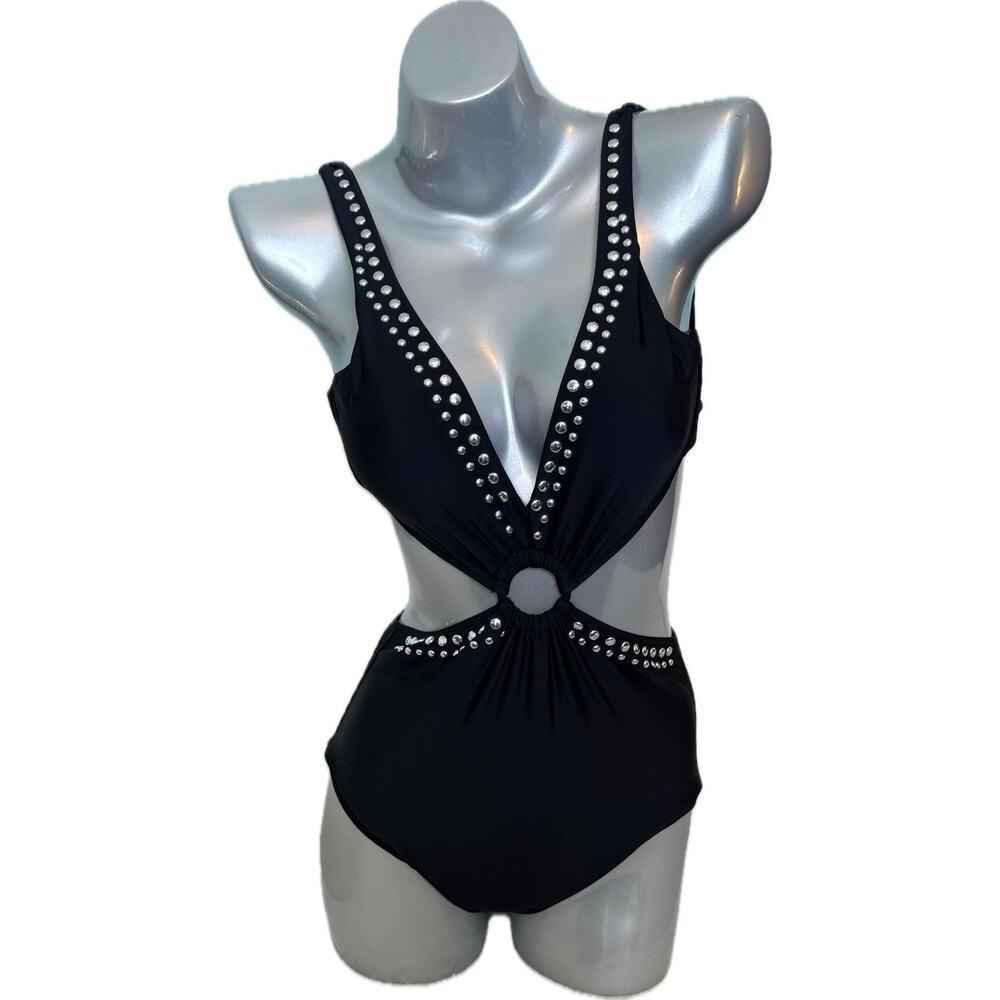 Bar III Womens One Piece Monokini Swimsuit Size XS Black Silver Studded NEW